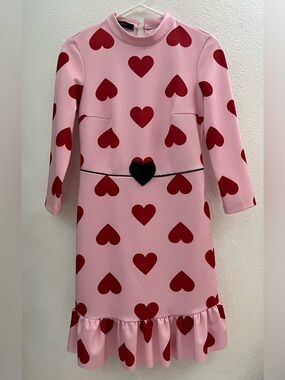 SUGARBIRD -Pink Heart-Print Long Sleeve Dress with Black Heart Waist Accent